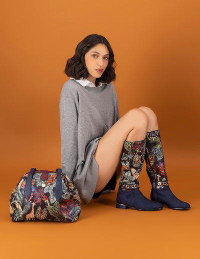 Bolso bowling multicolor textil de mujer flores y rayas