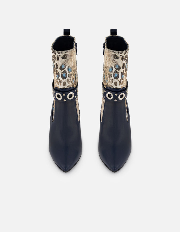 Botines azul de mujer piel en combinación con textil