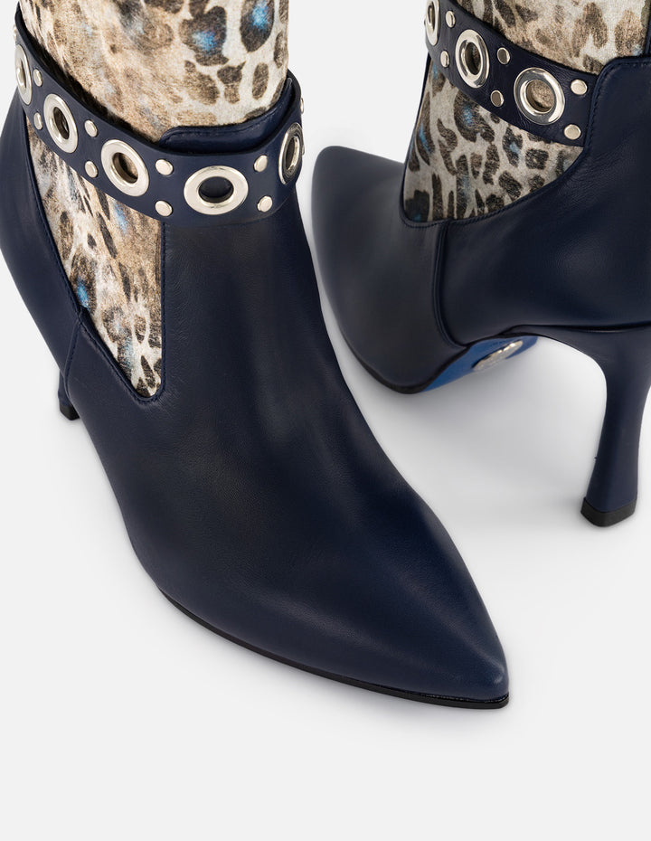 Botines azul de mujer piel en combinación con textil