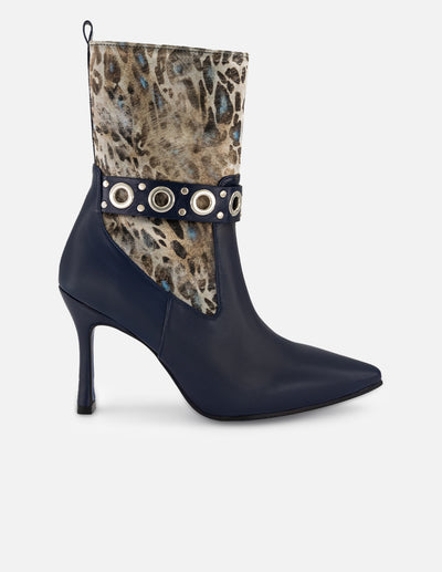 Botines azul de mujer piel en combinación con textil
