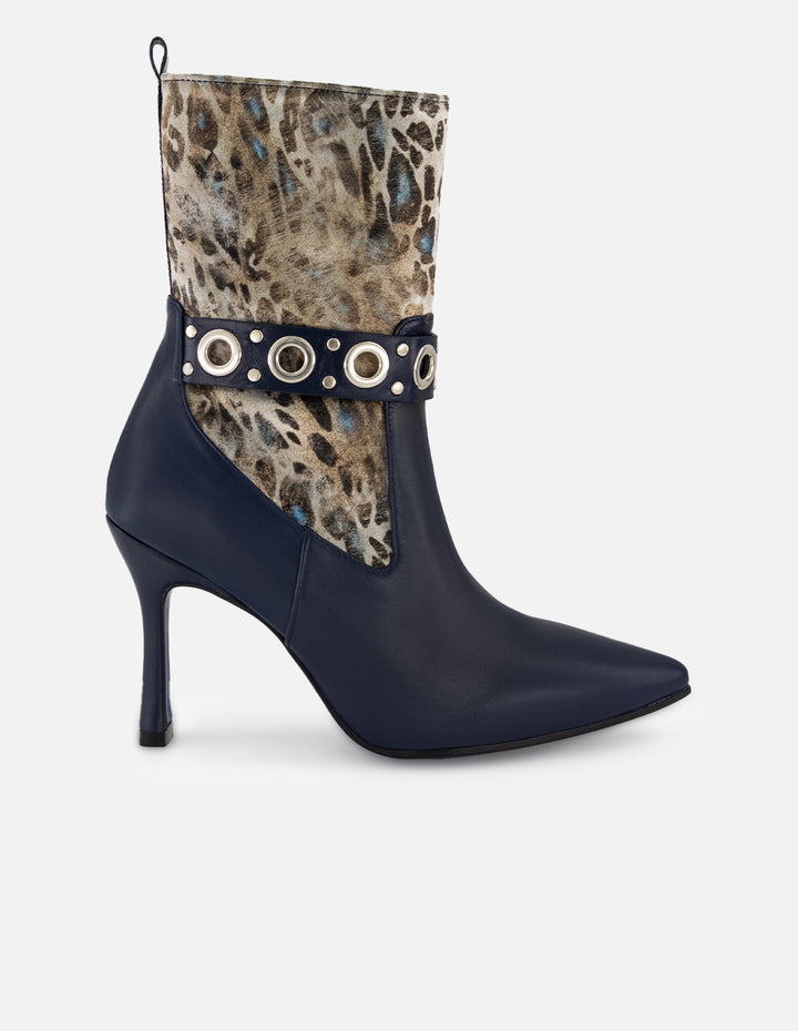 Botines azul de mujer piel en combinación con textil