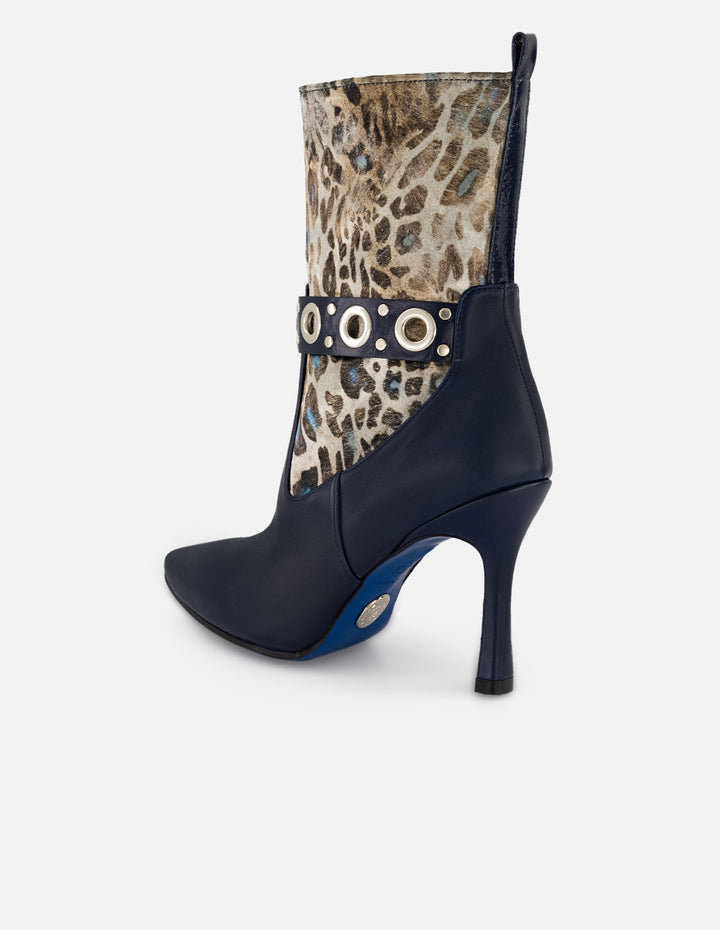 Botines azul de mujer piel en combinación con textil