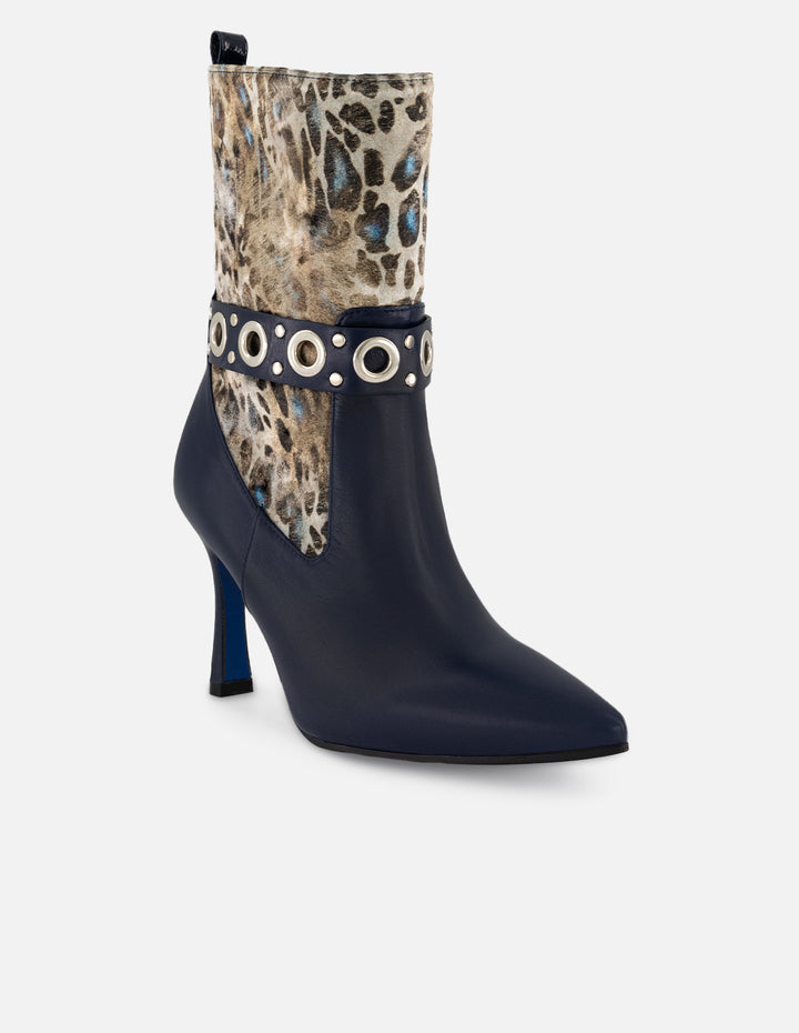 Botines azul de mujer piel en combinación con textil