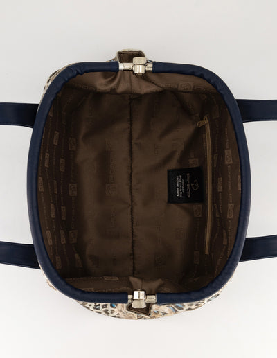Bolso bowling azul textil de mujer combinación de materiales
