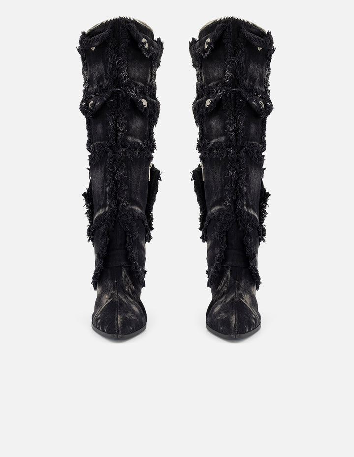Bota negra mezclilla de mujer con bolsillos