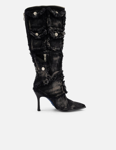 Bota negra mezclilla de mujer con bolsillos