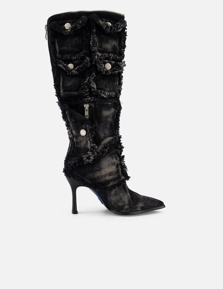 Bota negra mezclilla de mujer con bolsillos