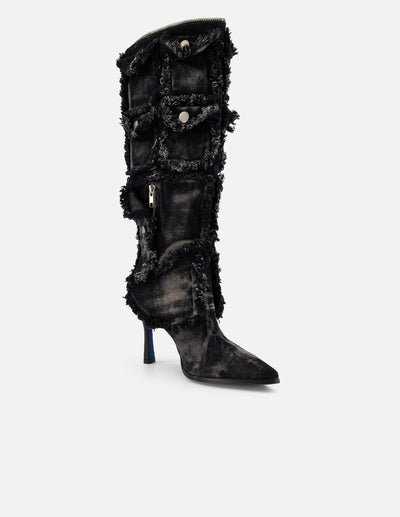 Bota negra mezclilla de mujer con bolsillos