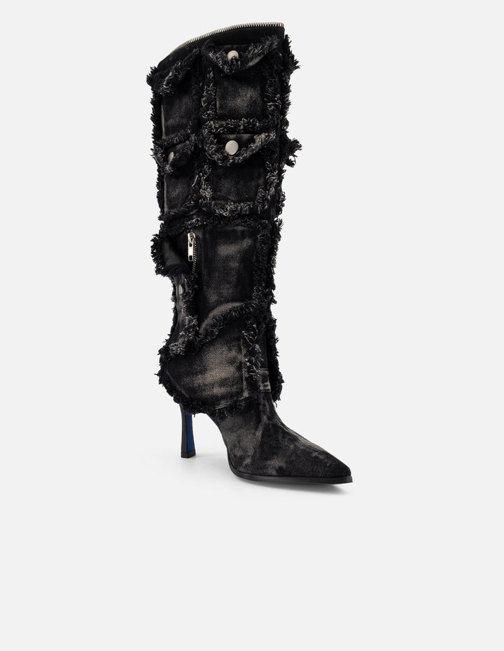 Bota negra mezclilla de mujer con bolsillos