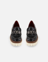 Mocasín negro piel florantic de mujer con plataforma combat