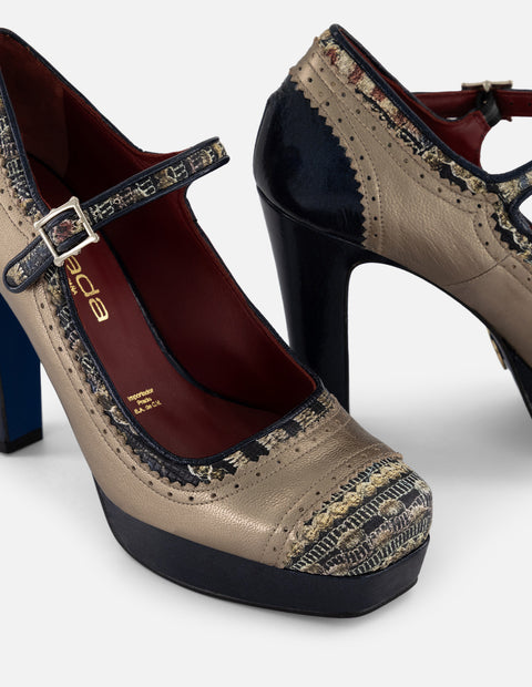 Zapato multicolor piel grabada de mujer con combinación materiales