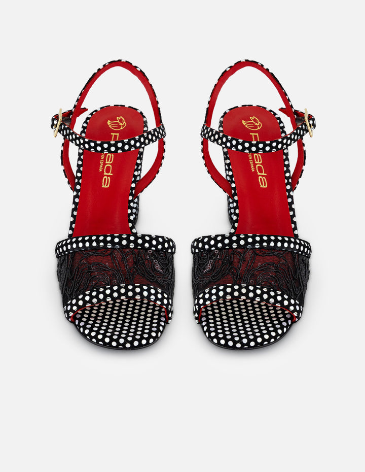 Sandalias negro reja para mujer con lunares brillantes