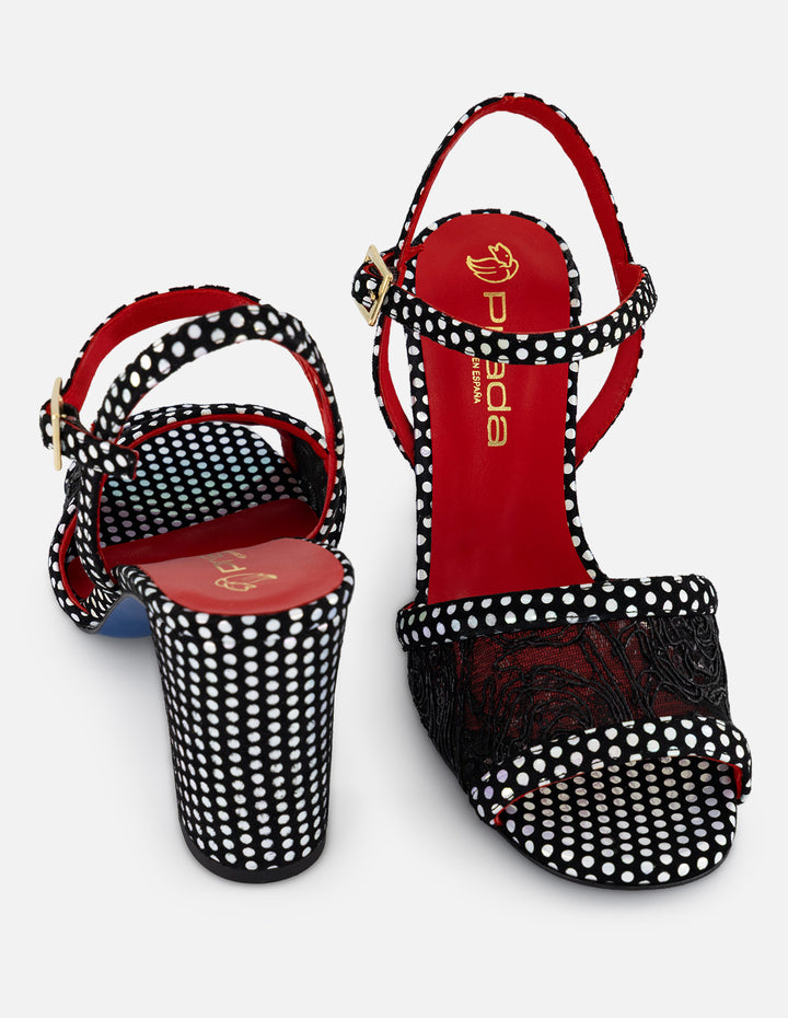 Sandalias negro reja para mujer con lunares brillantes