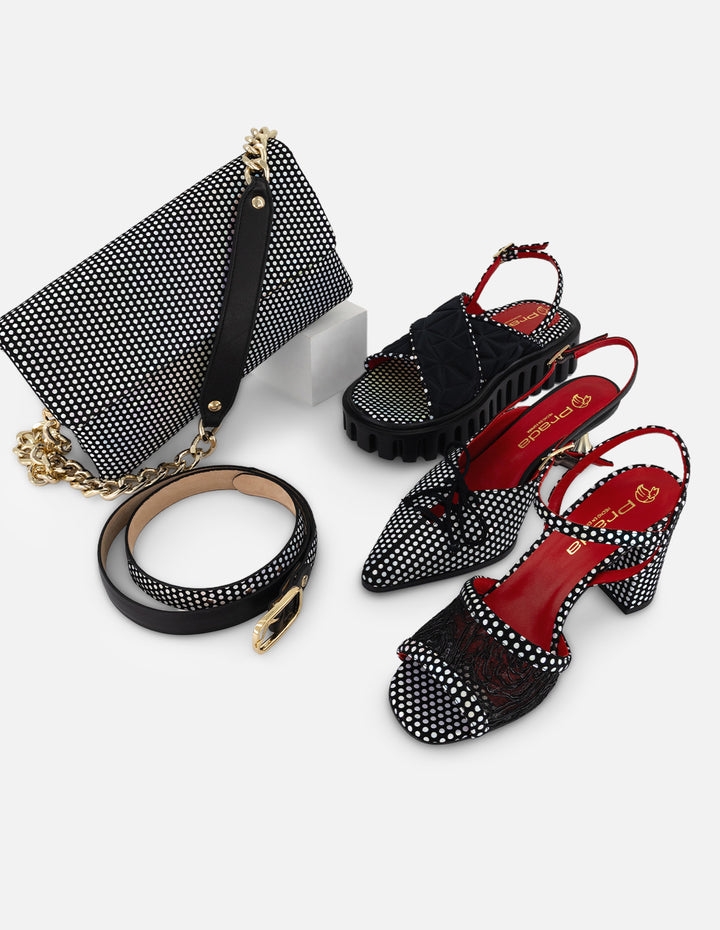 Sandalias negro reja para mujer con lunares brillantes