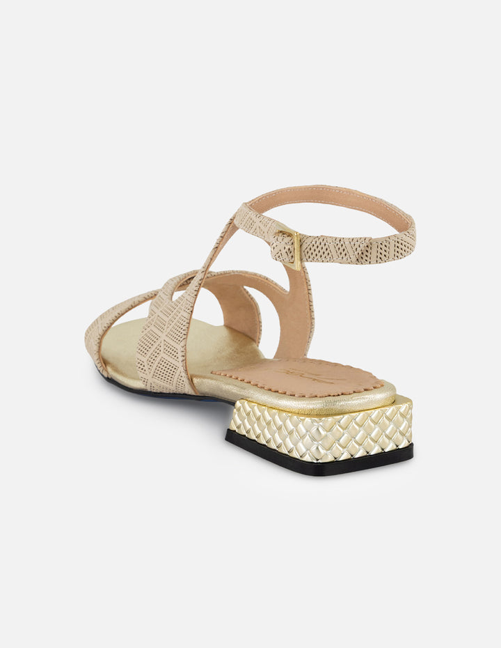 Sandalias beige piel grabada para mujer con tiras cruzadas