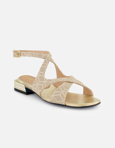 Sandalias beige piel grabada para mujer con tiras cruzadas