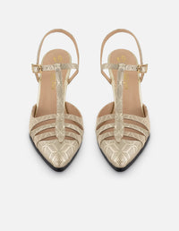 Zapatilla beige piel grabada para mujer con diseño geométrico