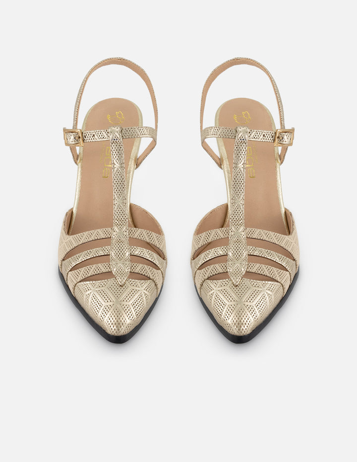 Zapatilla beige piel grabada para mujer con diseño geométrico