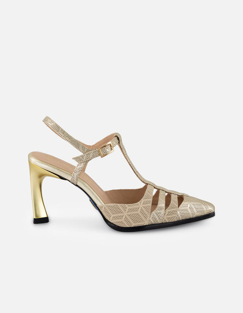 Zapatilla beige piel grabada para mujer con diseño geométrico