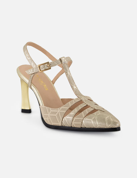 Zapatilla beige piel grabada para mujer con diseño geométrico