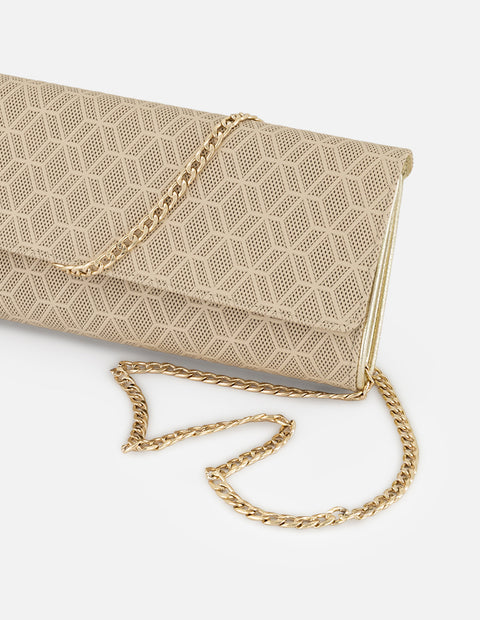 Clutch beige piel grabada para mujer con diseño geométrico