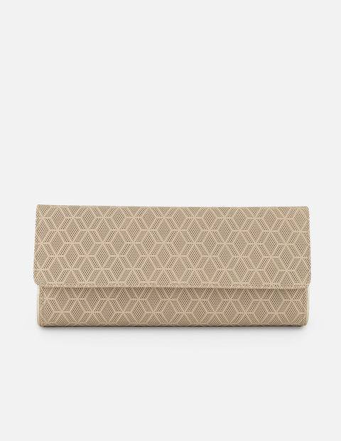 Clutch beige piel grabada para mujer con diseño geométrico
