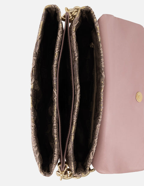 Satchel nude rafia para mujer con combinación de materiales