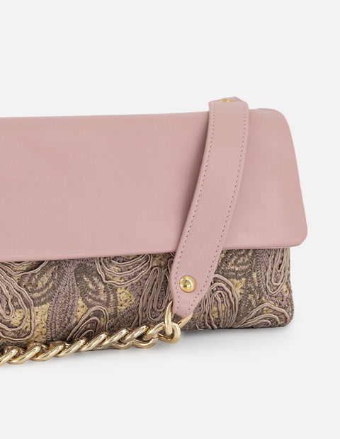 Satchel nude rafia para mujer con combinación de materiales