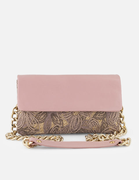 Satchel nude rafia para mujer con combinación de materiales