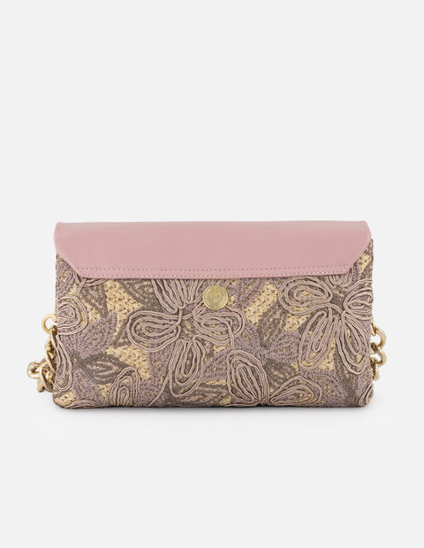 Satchel nude rafia para mujer con combinación de materiales