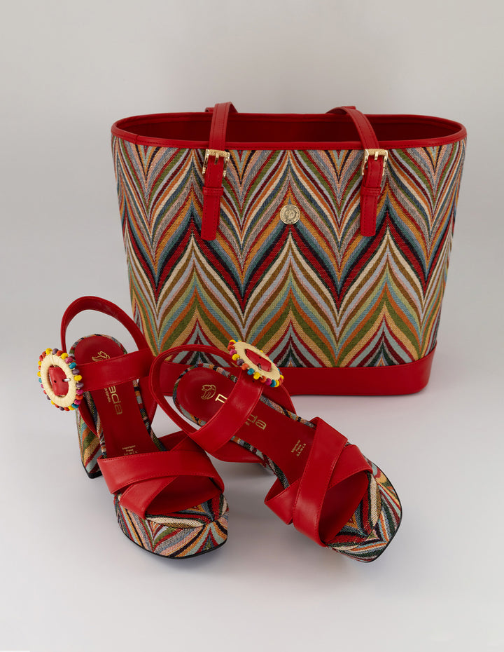 Sandalias rojo piel para mujer con adorno circular