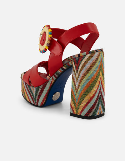 Sandalias rojo piel para mujer con adorno circular