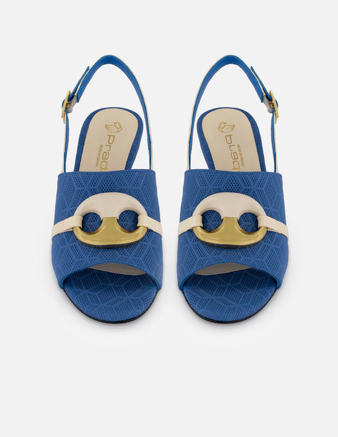 Mule azul en piel grabada con adorno circular bicolor para mujer