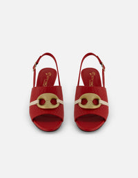 Mule rojo piel grabada para mujer con pala entrelazada