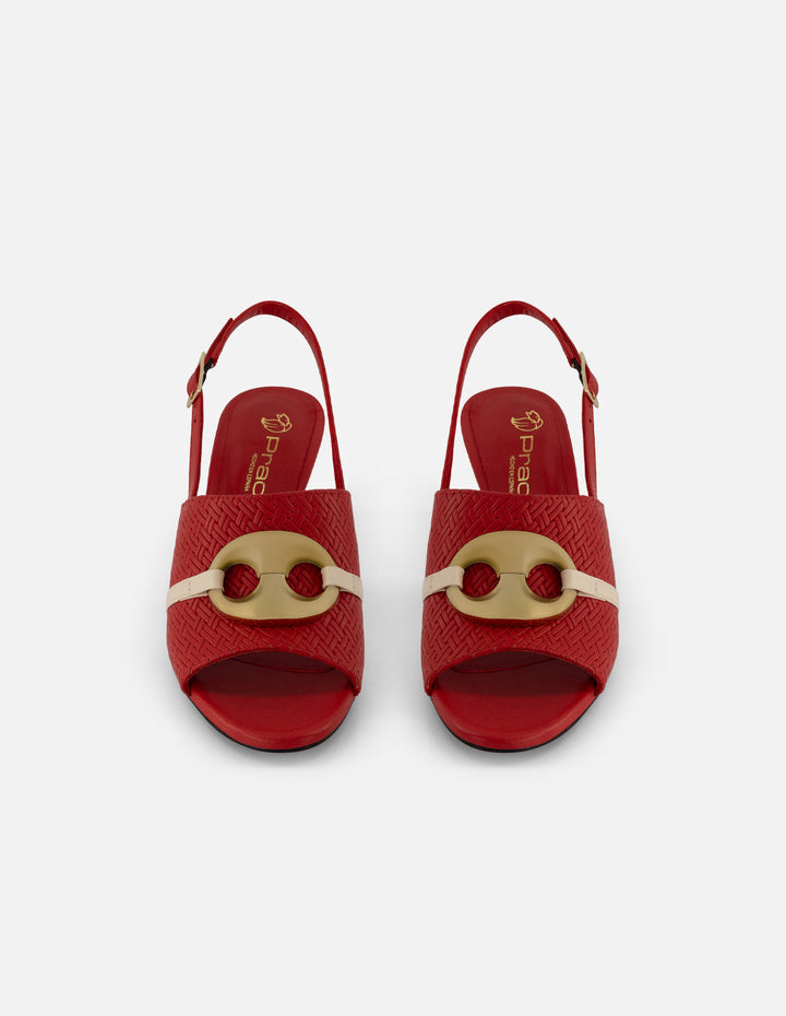 Mule rojo piel grabada para mujer con pala entrelazada