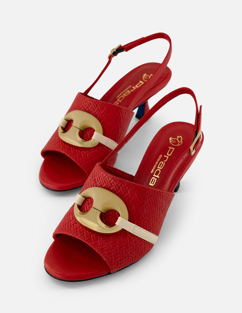 Mule rojo piel grabada para mujer con pala entrelazada