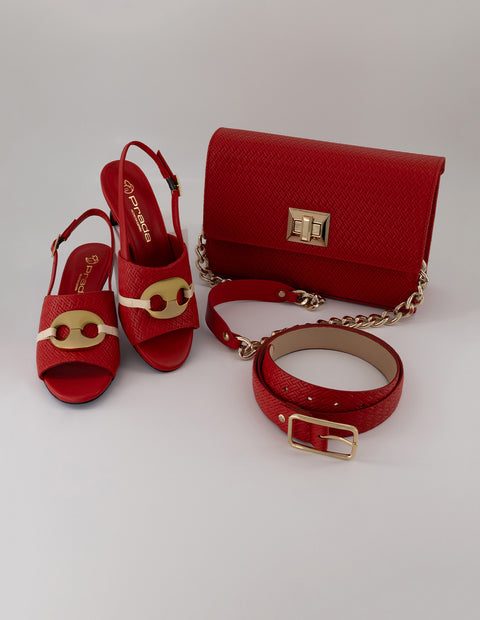 Mule rojo piel grabada para mujer con pala entrelazada