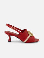 Mule rojo piel grabada para mujer con pala entrelazada