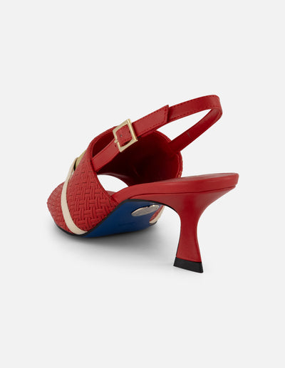 Mule rojo piel grabada para mujer con pala entrelazada