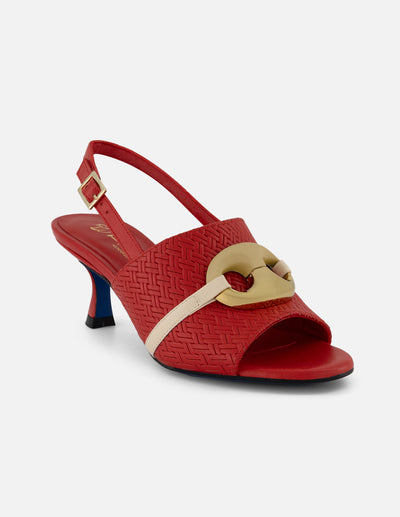 Mule rojo piel grabada para mujer con pala entrelazada
