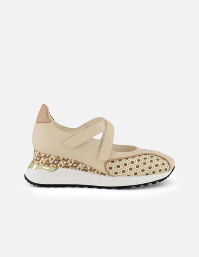 Tenis blanco piel para mujer con detalles geométricos