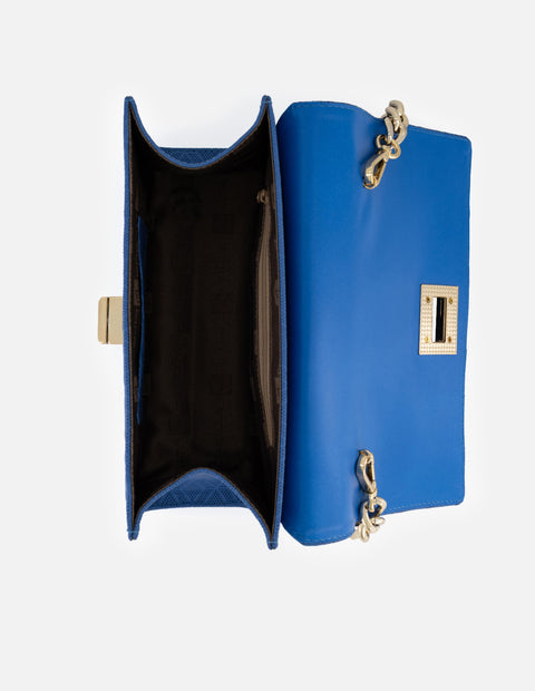 Satchel azul en piel grabada con diseño geométrico para mujer