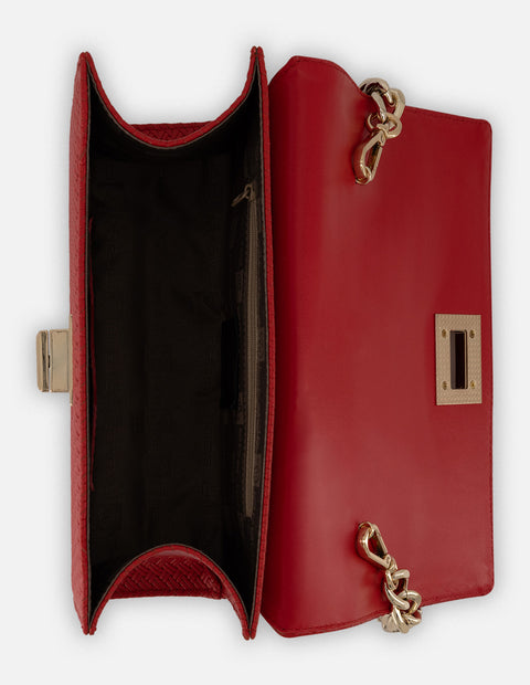 Satchel rojo en piel grabada con diseño tipo espiga para mujer