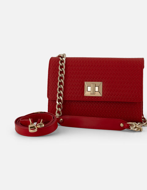 Satchel rojo en piel grabada con diseño tipo espiga para mujer