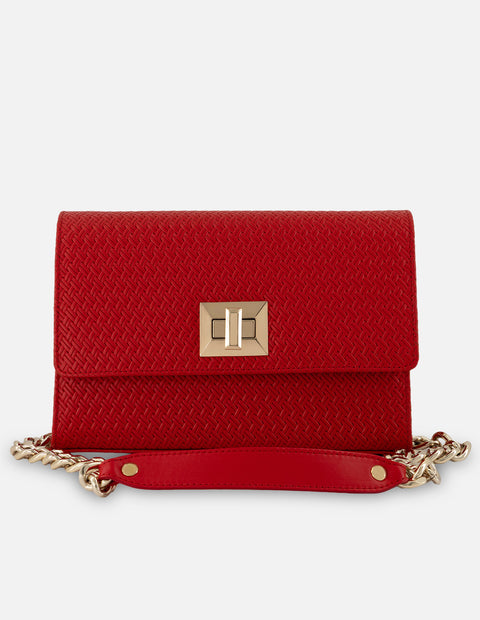 Satchel rojo en piel grabada con diseño tipo espiga para mujer