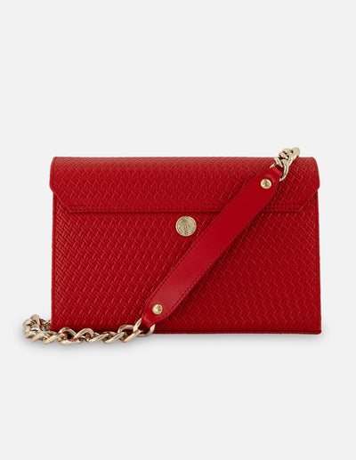 Satchel rojo en piel grabada con diseño tipo espiga para mujer