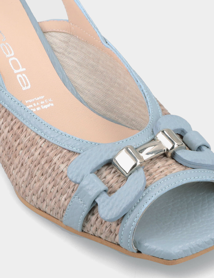 Zapatilla de cuña en rafia y piel color azul