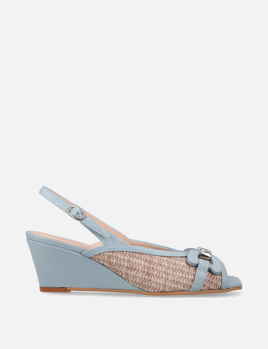 Zapatilla de cuña en rafia y piel color azul