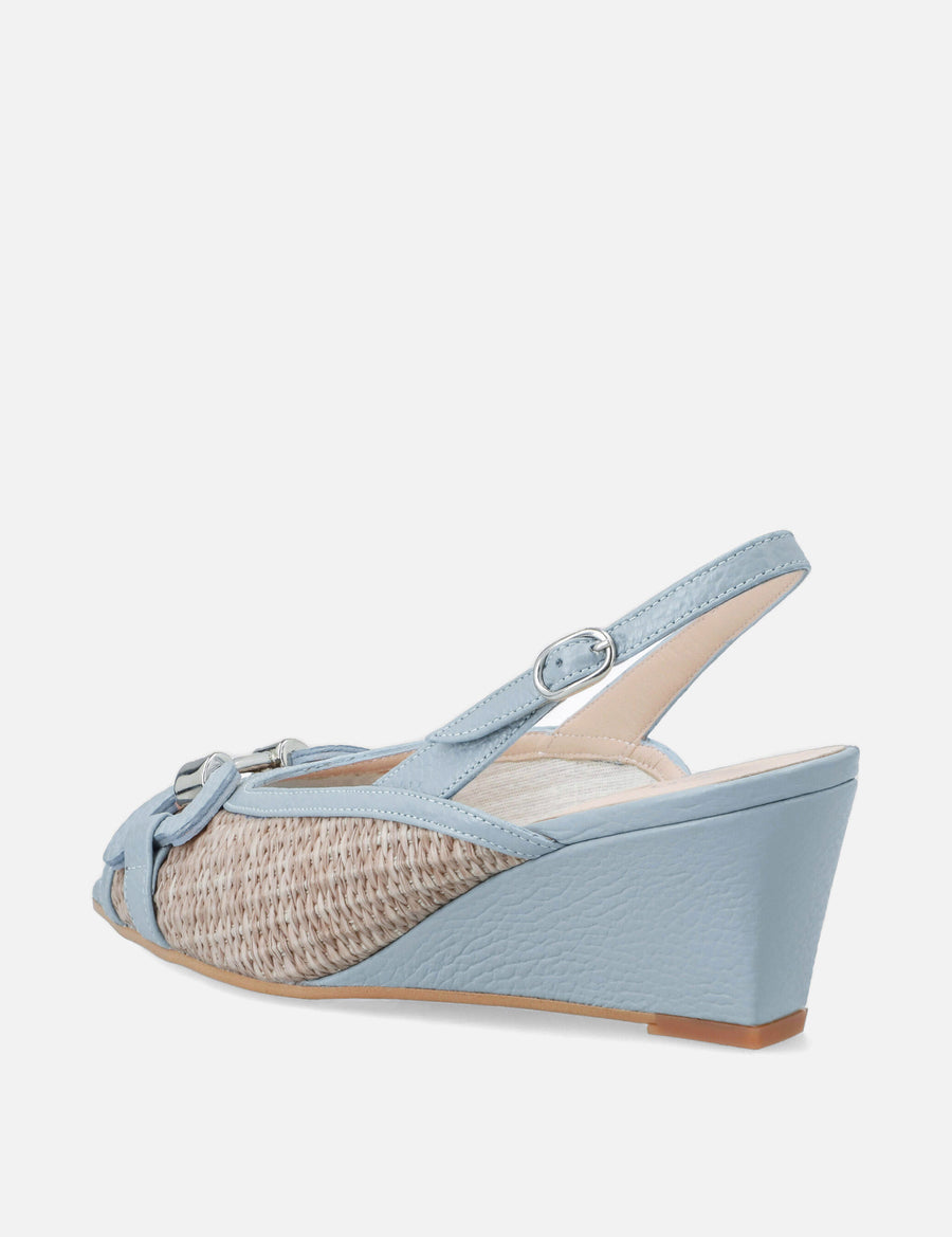 Zapatilla de cuña en rafia y piel color azul