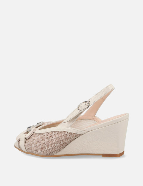 Zapatilla de cuña en rafia y piel color blanco
